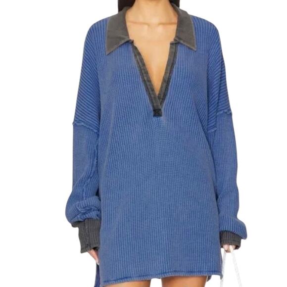 We The Free Tops - We The Free Women’s Travis Oversized Thermal Long Sleeve Polo Blue Size L